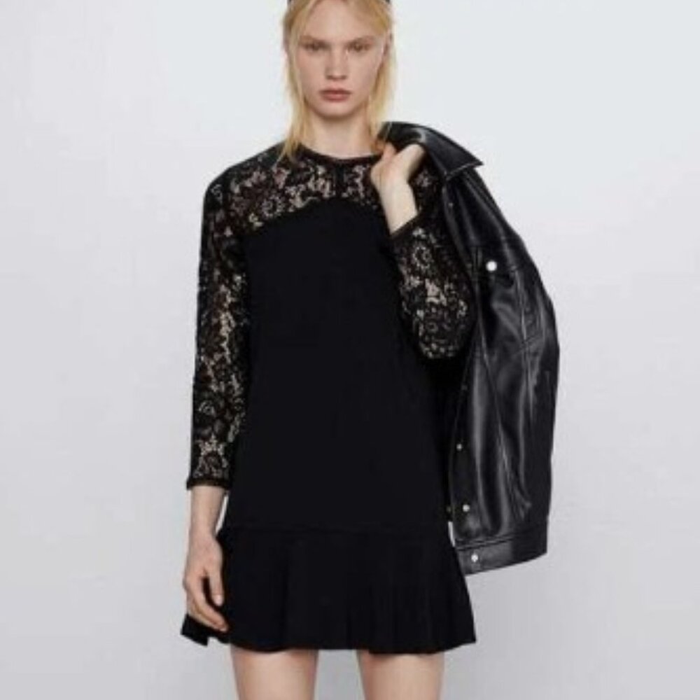 Zara evening romantic ruffled ruffle lace mini dress black- Small